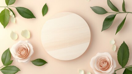 Poster - Natural beauty podium backdrop for showcasing products with a rose flower 3D rendering Top view Flat lay