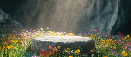 Aufkleber - Abstract 3D rendered spring scene featuring a stone podium surrounded by a vibrant field of wildflowers set within a cave ideal for product display or mockup purposes