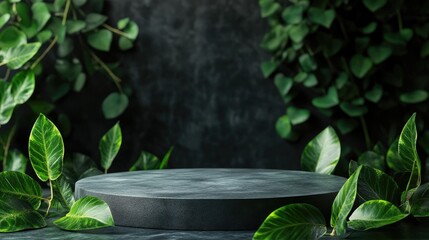 Poster - Empty Podium Surrounded by Green Leaves 3D Render