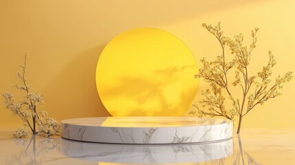 Poster - Yellow Product Display on 3D Marble Podium with Minimal Natural Background