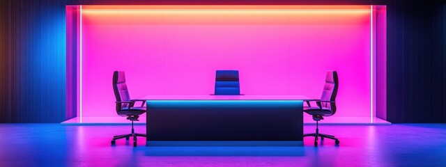 Poster - Wooden table and chairs displayed in a modern news studio environment 3D rendering