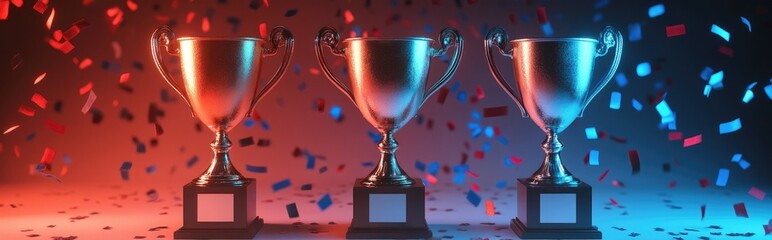 Aufkleber - Three trophies gold silver and gold plated displayed on a pedestal with gifts and confetti Represents victory and awards for sports or esports 3D rendering
