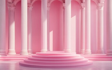 Aufkleber - Pink podium in an ancient Greek style featuring a realistic 3D illustration Minimalist setting in a pink space with marble colonnade and classical columns