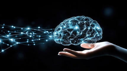 Poster - Abstract brain hologram background. Digital brain. Brain Artificial Intelligence Concept. Brain activity. Brain anatomy. Science showing the human brain. Human brain animation. Copy space area