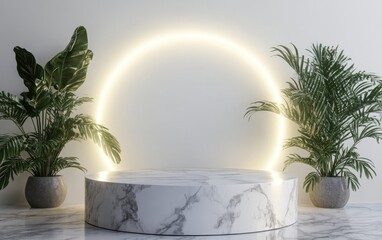 Poster - Classic marble podium featuring a green plant on a white background rendered in 3D
