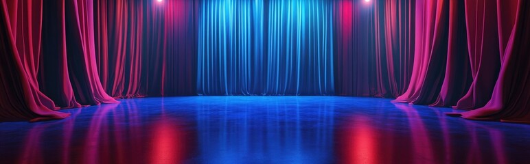 Poster - Blue 3D rendered theater design featuring curtains and a glossy stage floor with closed drapery and spotlight reflections