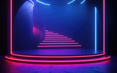 Aufkleber - Round stage illuminated by neon lights featuring a staircase against a dark backdrop