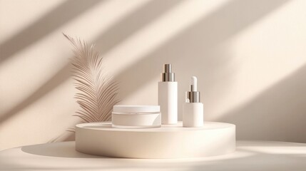 Poster - Podium display mockup for cosmetic items abstract showcase for design 3D rendered illustration