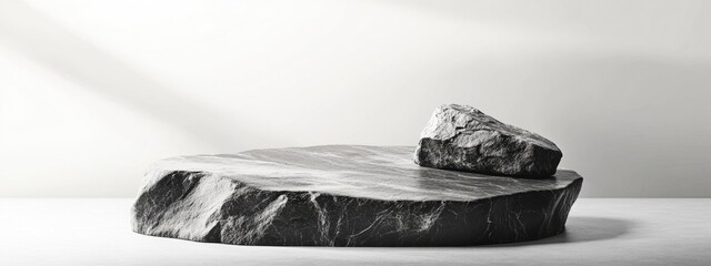 Poster - Black and white textured stone podium with abstract rock elements for product display in a 3D rendering background