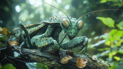 Wall Mural - A detailed close-up of a vibrant, stylized praying mantis in nature.