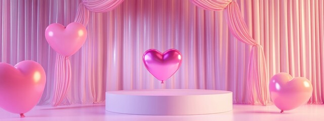 Poster - Empty white cylinder podium with pink trim heart shaped balloons on an arch and a backdrop of curtains A romantic interior setting ideal for Valentine s Day featuring a pedestal Three dimensional