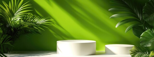 Poster - Summer themed mockup for showcasing products White podium set against a green backdrop Clipping path applied to all elements 3D rendering illustration