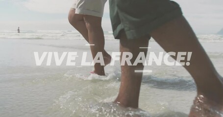 Wall Mural - Walking in shallow water, long live France text animation over beach scene