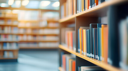 Sticker - Abstract blurred public library interior space. blurry room with bookshelves by defocused effect.