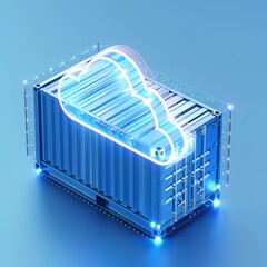 Wall Mural - 3D illustration of a container with a glowing cloud symbolizing cloud computing and data storage technology on a blue background.