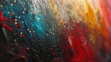 Aufkleber - Dynamic close-up of a vibrant abstract painting, showcasing rich, textured layers of blue, red, and gold paint. The detailed surface captures light beautifully, creating an engaging visual experience.