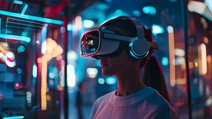 Wall Mural - A stock photo of a user wearing a VR headset and interacting with an AI-generated virtual environment.