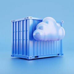 Wall Mural - Blue shipping container with a cloud icon symbolizing cloud storage and digitalization on a light blue background.