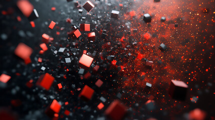 Aufkleber - Dynamic explosion of red and black cubes dispersing in a 3D space, creating a vibrant and abstract visual effect
