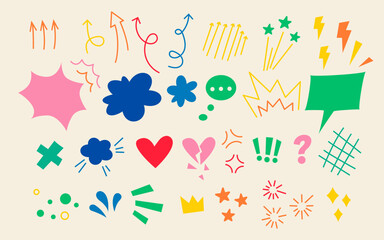 Poster - Hand drawn effect set. Collection of arrows and speech bubbles. Vector illustration. Doodle anime sticker pack in bright colors. Emphasis. Cute design elements