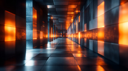 Aufkleber - A futuristic corridor illuminated by orange lights reflects on sleek tiles in a dimly lit setting at dusk