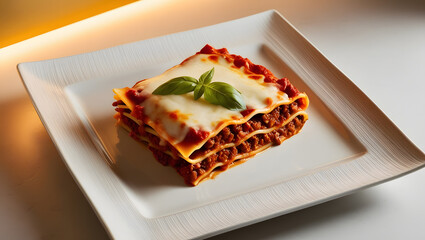 A slice of lasagna with layers of pasta, rich meat sauce, creamy béchamel, and melted mozzarella cheese, garnished with a basil leaf and served on a white square plate.