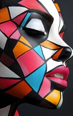 Wall Mural - 2. **Modern face art featuring geometric shapes and vibrant colors, creating a dynamic expression**