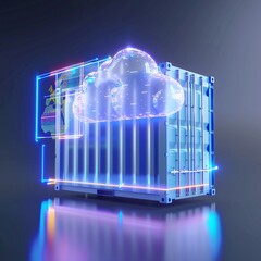 Wall Mural - Digital rendering of a cloud computing container with holographic effects, symbolizing data storage and serverless cloud technology.