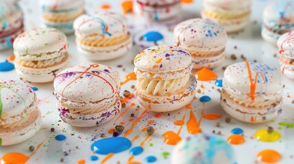 Assorted macarons with paint splatters, creating a visually stunning confectionery masterpiece.