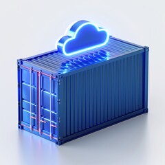 Wall Mural - Digital representation of cloud computing and data storage using container technology with blue neon lighting.