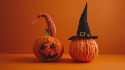 Two knitted pumpkins with unique witch hats stand against an orange background, creating a playful Halloween vibe.