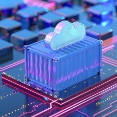 Wall Mural - Futuristic cloud computing concept with digital container on motherboard representing data storage and processing technology.