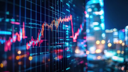 Stock Market Data Display with City Lights in the Background.