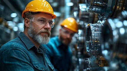 Wall Mural - Industrial Expertise: A seasoned engineer in a hard hat and safety glasses intently oversees operations in a heavy machinery plant, his weathered face reflecting years of experience and unwavering 