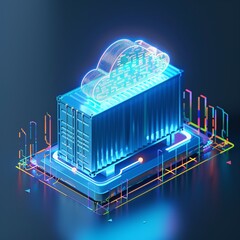 Wall Mural - Futuristic digital illustration of a cloud computing container, representing technology, virtualization, and data storage in vibrant neon colors.