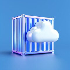 Wall Mural - Modern concept of cloud computing with a white cloud inside a metallic container, symbolizing secure data storage. Blue background.