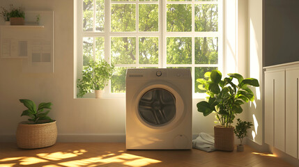 Wall Mural - Modern washing machine in a bright laundry room with sunlight streaming through the windows