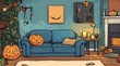 © Eva - A charming modern apartment showcases a vibrant blue couch with decorative pillows next to playful pumpkins and Halloween artwork, creating a festive autumn atmosphere