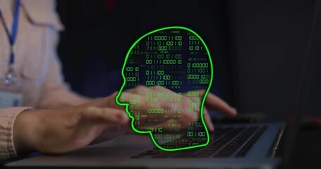 Poster - Typing on laptop, hands over binary code and human head animation