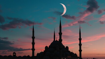 A mosque's silhouette against a vibrant twilight sky with a crescent moon overhead, exuding a sense of peace and serene beauty.