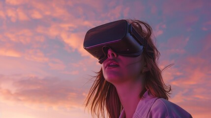 Aufkleber - Young woman in VR glasses amazed by virtual reality.