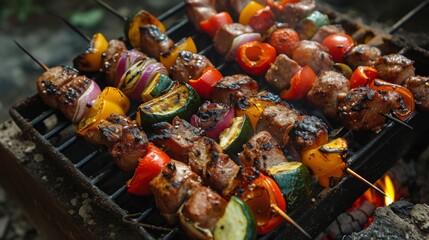 Grilled vegetable and meat skewers cook over an open flame, with colorful peppers, zucchini, and cherry tomatoes creating a mouth-watering scene perfect for outdoor barbecues and summer gatherings.