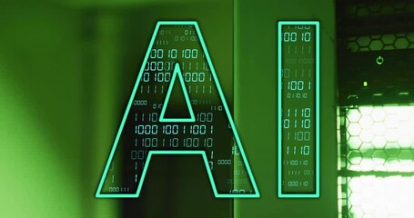 Poster - AI text with binary code animation over green background