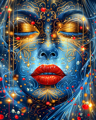 Poster - A woman's face is painted with gold and blue colors and red lips