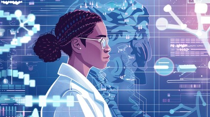 Poster - genomic healthcare concept, researcher using genetic data to develop personalized therapies.