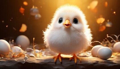 a cute, fluffy chick stands in a nest surrounded by eggshells, bathed in soft, golden sunlight. the 