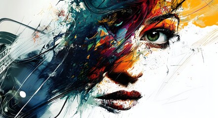 Canvas Print - 9. **Abstract face portrait with expressive paint splashes and dynamic, flowing lines**