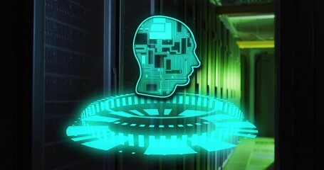Poster - Digital human head and circuit board animation over data center servers
