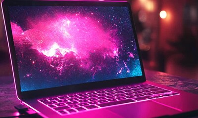 laptop with a colorful nebula on the screen