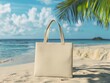 © Charoen - Blank canvas tote bag on a sandy beach with ocean and palm tree in the background.